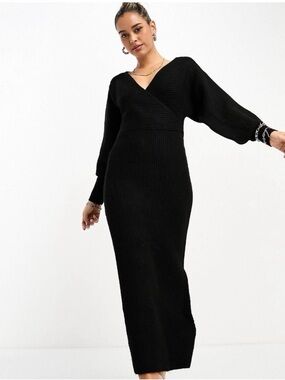 River Island Black Ribbed V-Neck Maxi Dress